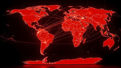 Global Connectivity: A red-hued map of the world unveils a network of interconnected nodes and linkages, symbolizing global communication and transport within an abstract dark background.