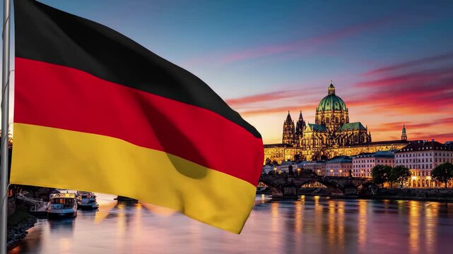 Waving german flag in foreground with magdeburg cathedral and elbe river at sunset