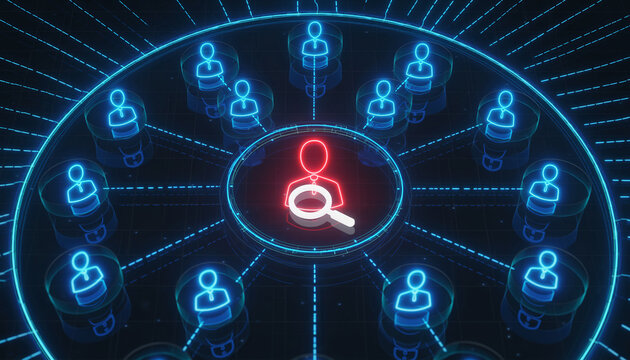 A digital depiction of a search for a person within a network of connected individuals. The focal point highlights a search icon, and the overall aesthetic suggests modern technology and connectivity