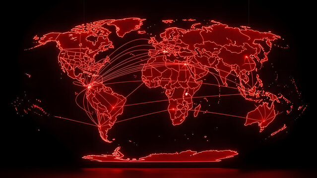 Global Connections: A vibrant red world map illuminates intricate connections, symbolizing the vast network of global connectivity. The glowing lines weave a complex web. - Powered by Adobe