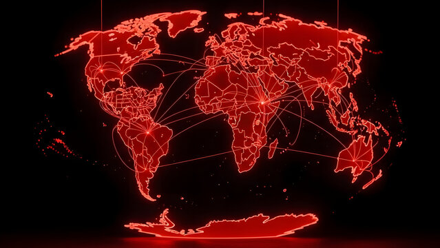 Global Network in Crimson: A digital representation of the world map, illuminated in a striking crimson hue, showcasing interconnected networks across continents.