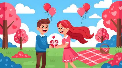 A Moment of Love: A boy presents a gift to a smiling girl in a park, balloons in the air with love surrounding them. Capturing the sweetness and the beauty of affection and connection