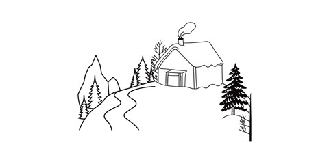 Landscape with village houses line drawing. Continuous line drawing. Landscape with village on hill. Vector illustration.