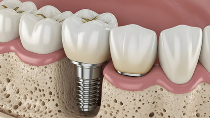 Dental Implant Illustration: A detailed, close-up view of a dental implant, showcasing its intricate structure and how it integrates with the jawbone, reflecting modern dentistry