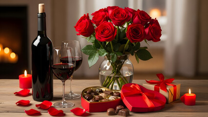 Romantic Dinner Setting: A captivating tableau of romance, featuring a rich red wine bottle and full glasses, a vibrant bouquet of roses, and a heart-shaped box of chocolates.