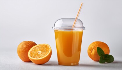 Freshly Squeezed Juice In A Transparent Cup With Straw Against White Background