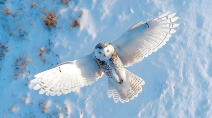 Snowy owl soaring over a snowy landscape in winter season