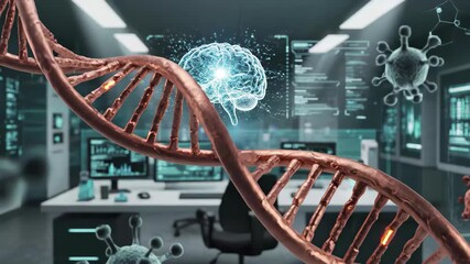 3d rendering of dna helix structure with glowing brain hologram and virus particles in a futuristic laboratory setting - Powered by Adobe