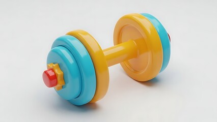 Obraz premium Playful 3D Illustration of a Colorful Toy-Like Dumbbell in Yellow, Blue, and Orange, Fun Fitness and Exercise Concept