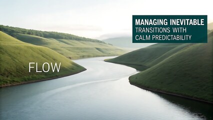 Scenic river flowing through green hills under a clear sky.