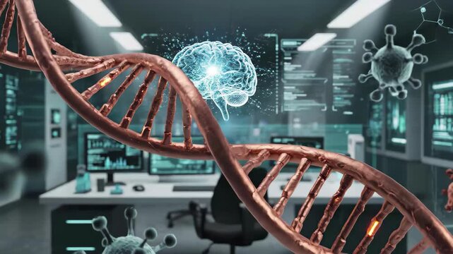3d rendering of dna helix structure with glowing brain hologram and virus particles in a futuristic laboratory setting