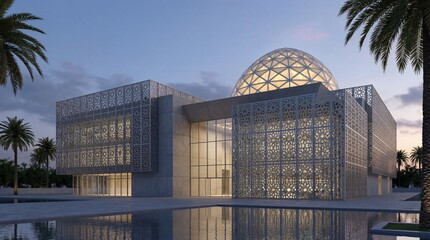 Fototapeta premium Modern architecture building with dome and pool at dusk