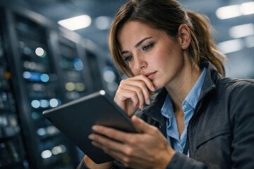 Female IT Specialist Using Tablet In Data Center.
Focused female technician checks system data on a tablet while standing between server racks in a modern data center environment with cool blue light.