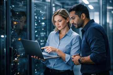 Female IT Specialist Collaborating With Colleague In Data Center.
Professional woman and male coworker analyzing data on a laptop inside a modern server room, showing teamwork, system diagnostics.