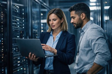 Female IT Specialist Collaborating With Colleague In Data Center.
Professional woman and male coworker analyzing data on a laptop inside a modern server room, showing teamwork, system diagnostics.