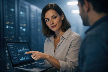 Female IT Specialist Collaborating With Colleague In Data Center.
Professional woman and male coworker analyzing data on a laptop inside a modern server room, showing teamwork, system diagnostics.