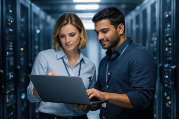 Female IT Specialist Collaborating With Colleague In Data Center.
Professional woman and male coworker analyzing data on a laptop inside a modern server room, showing teamwork, system diagnostics.