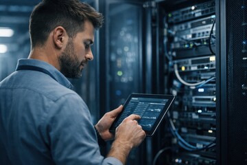 IT Engineer Using Tablet In Modern Data Center.
Male technician checks server status on a digital tablet inside a secure data center, monitoring infrastructure, performance, and network operations.