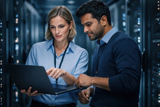 Female IT Specialist Collaborating With Colleague In Data Center.
Professional woman and male coworker analyzing data on a laptop inside a modern server room, showing teamwork, system diagnostics. - Powered by Adobe