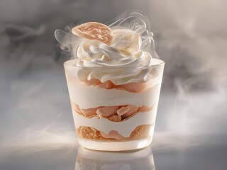 Luxurious layered dessert parfait with whipped cream, peach layers, artistic smoke effect. Perfect for Cloud Dancer 2026 culinary branding, gourmet dessert menus, premium food photography content.