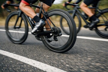 Naklejka premium Cyclists Racing In Motion On Urban Road. Close up view of cyclists legs and wheels during a road race, capturing speed, teamwork and athletic energy on asphalt in a dynamic competitive cycling scene.