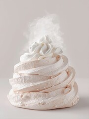Artistic meringue tower with dramatic cracked texture and ethereal smoke effect. Perfect for Cloud Dancer 2026 culinary concepts, minimalist dessert branding, abstract food art, gourmet photography.