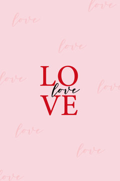 A vertical poster, banner, or card with the inscription "Love." Light pink background, text "Love." For Valentine's Day, weddings