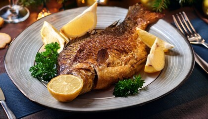 Traditional Fried Carp With Lemon And Parsley For Polish Christmas Feast