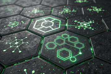 Abstract glowing green chemical structures on dark hexagonal tiles.