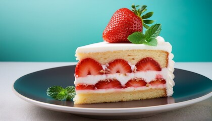 A Slice Of Cake Layered With Fresh Strawberries And Creamy Frosting Topped With A Whole Strawberry And Mint