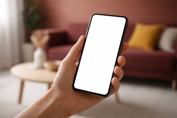 Hand Holding Smartphone With Blank Screen Mockup. A close view of a hand holding a modern smartphone with an empty white display, ideal for presenting mobile apps, interfaces, websites.