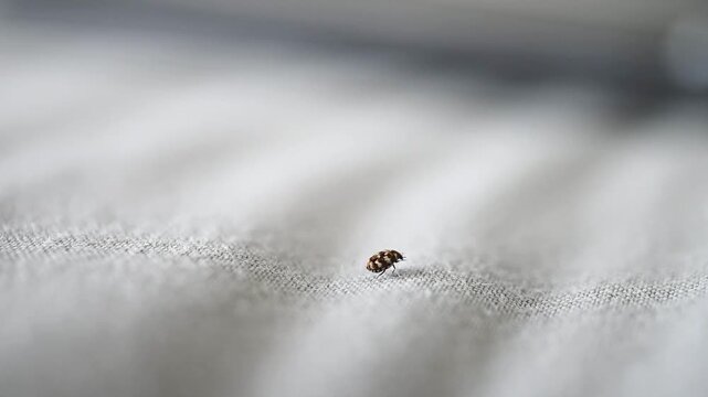 un escarabajo de las alfombras, probablemente Anthrenus verbasci o Anthrenus scrophulariae, desplaz&aacute;ndose sobre el tejido gris de una cama. Concepto de plagas dom&eacute;sticas y entomolog&iacute;a.