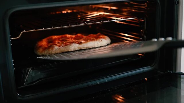 Pizza casera siendo comprobada en el horno con una pala met&aacute;lica de pizzero durante el proceso de cocci&oacute;n. Concepto de cocina casera y preparaci&oacute;n culinaria.