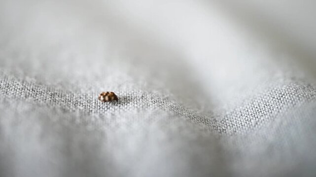 un escarabajo de las alfombras, probablemente Anthrenus verbasci o Anthrenus scrophulariae, desplaz&aacute;ndose sobre el tejido gris de una cama. Concepto de plagas dom&eacute;sticas y entomolog&iacute;a.