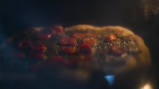 Pizza casera de pesto y tomates cherry horne&aacute;ndose en el horno, vista a trav&eacute;s del cristal mientras burbujea. Concepto de cocina casera y proceso culinario.