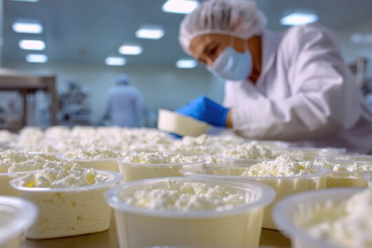 Worker Carefully Filling Containers with Fresh Tvorog in Clean Packaging Facility