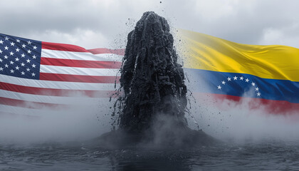 An oil spill between the American and Venezuelan flags waving in the background on a cloudy day