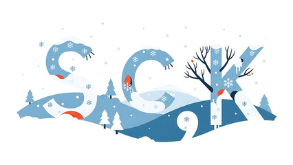 Snowy winter landscape with stylized text isolated on a transparent background