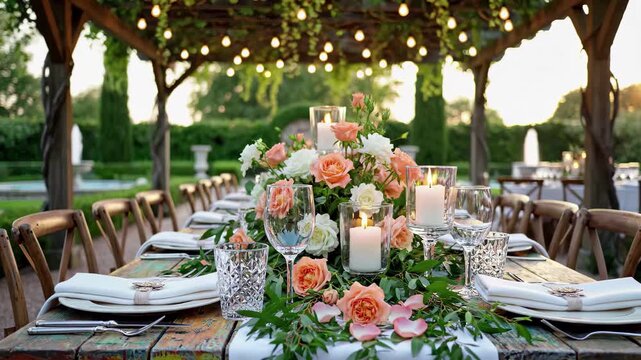 Elegant outdoor wedding reception dinner table setting under pergola with string lights and floral centerpiece