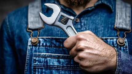 Handyman wearing denim overalls holding adjustable wrench