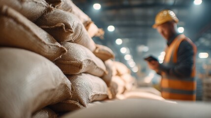 Worker Scanning Sugar Bags for Inventory Control in Warehouse