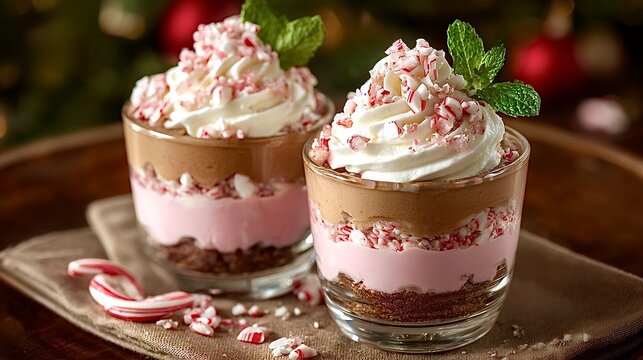 Layered chocolate peppermint parfaits creating festive holiday dessert