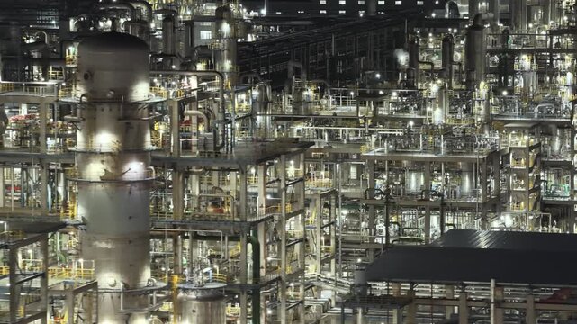 Aerial Night View of Large Industrial Oil Refinery Complex
