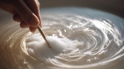High-angle view of hand stirring sugar into a beverage with swirling effect