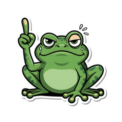 Green frog pointing finger with sweat drops on face sitting isolated on white background transparent background