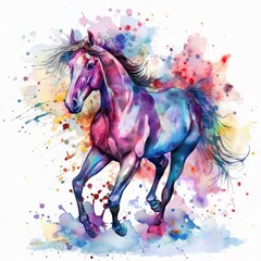 Watercolor Horse Painting, Abstract Drawing of Running Horse, Spattered Paint