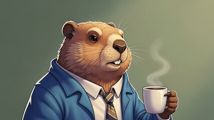 A cartoon groundhog in a business suit holding a steaming cup of coffee