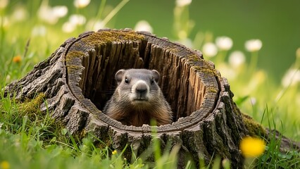Groundhog peeking out of a hollow tree stump in a sunny meadow