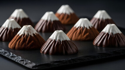 Mount fuji inspired artisanal chocolate bonbons on dark stone