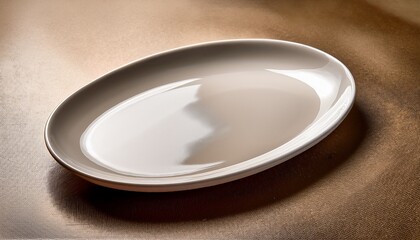 A Single White Ceramic Oval Plate Resting On A Textured Tan Surface Dish